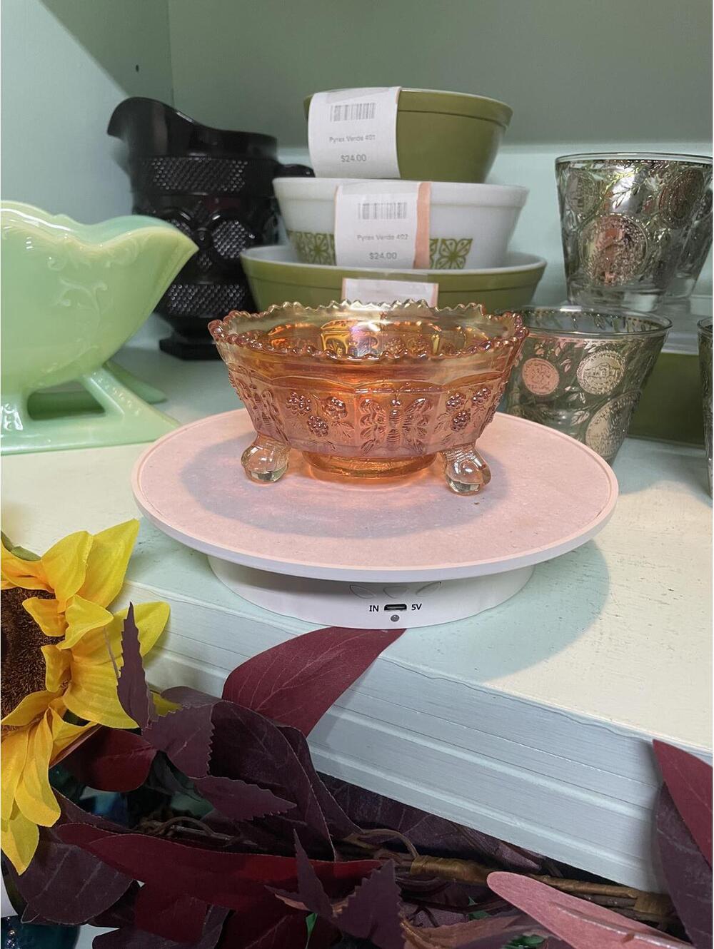 Fenton Marigold Carnival Glass Butterfly & Berry 3-Footed Bowl